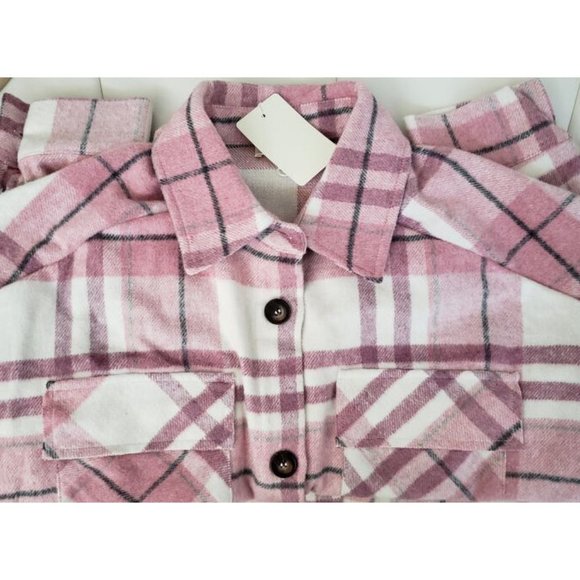 Pink Plaid Long Flannel Shirt Jacket Shacket Coat - Picture 8 of 8